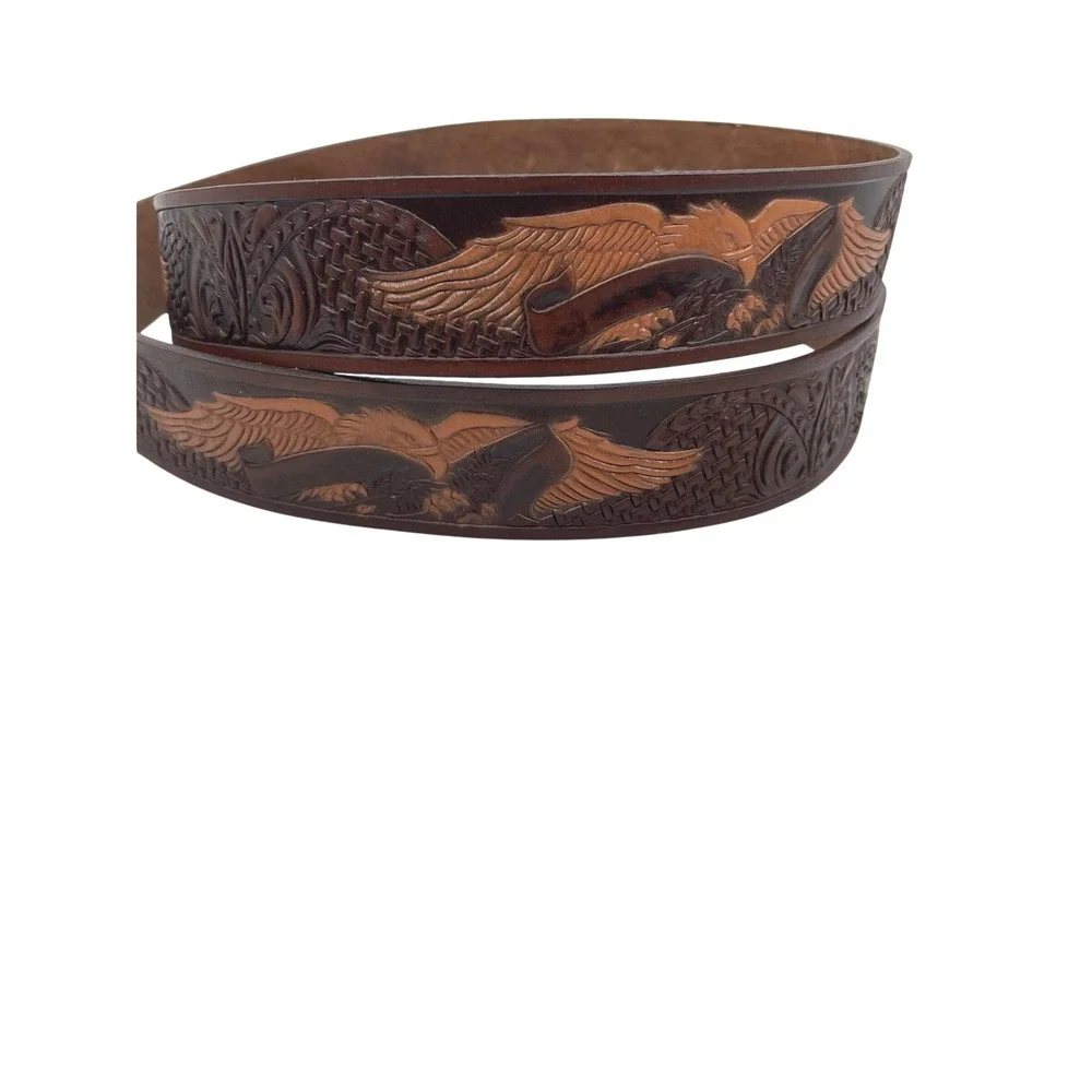 Vintage Western Belt Mens 50 Brown‎ Top Grain Leather Tooled Eagle Brass Buckle